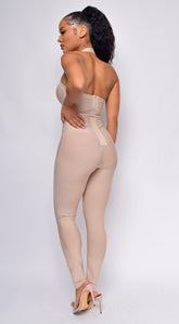 Emmi Nude Waist Cinching Halter Bandage Jumpsuit
